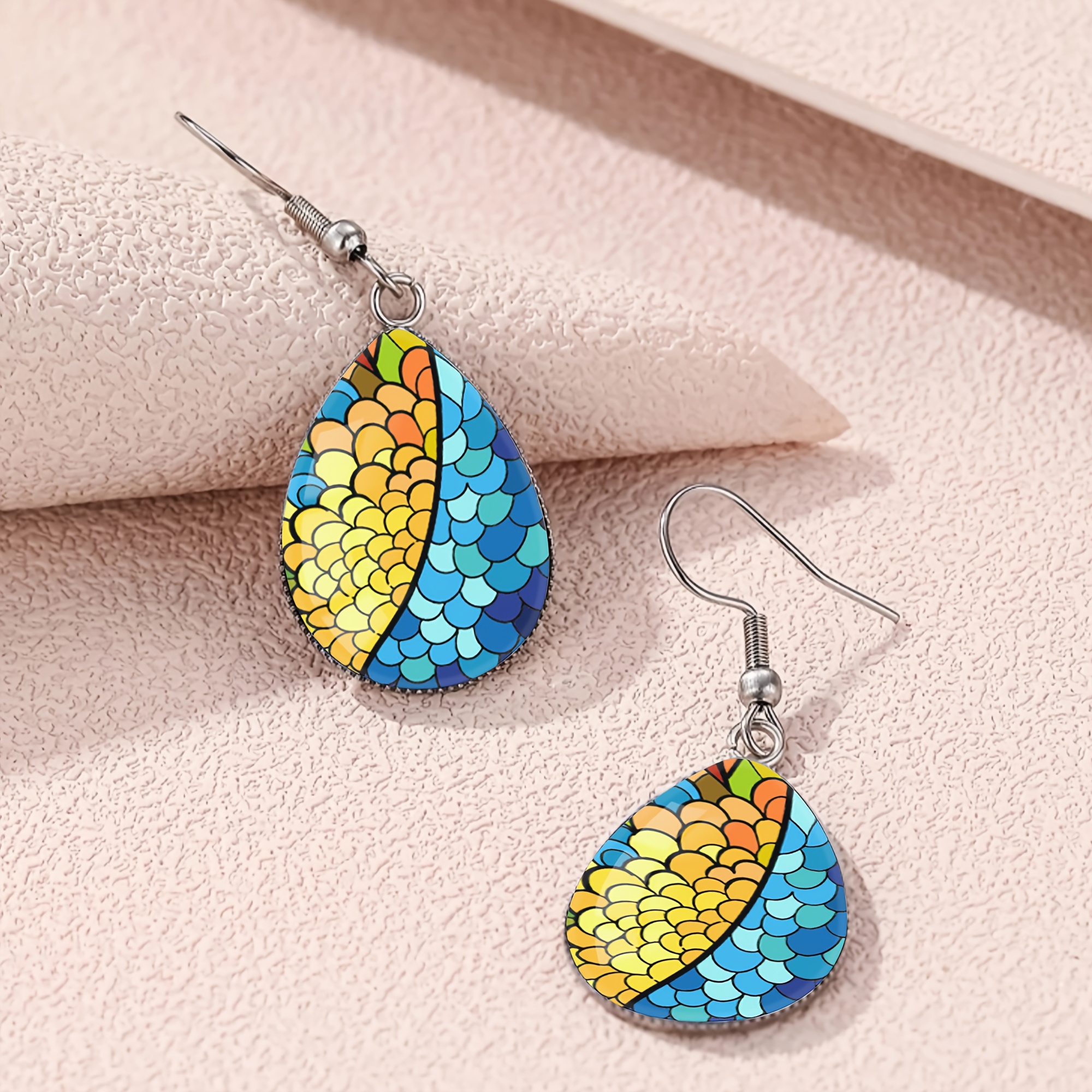 Multicolor Painted Fish Scale Pattern Teardrop Earrings, Stainless Steel