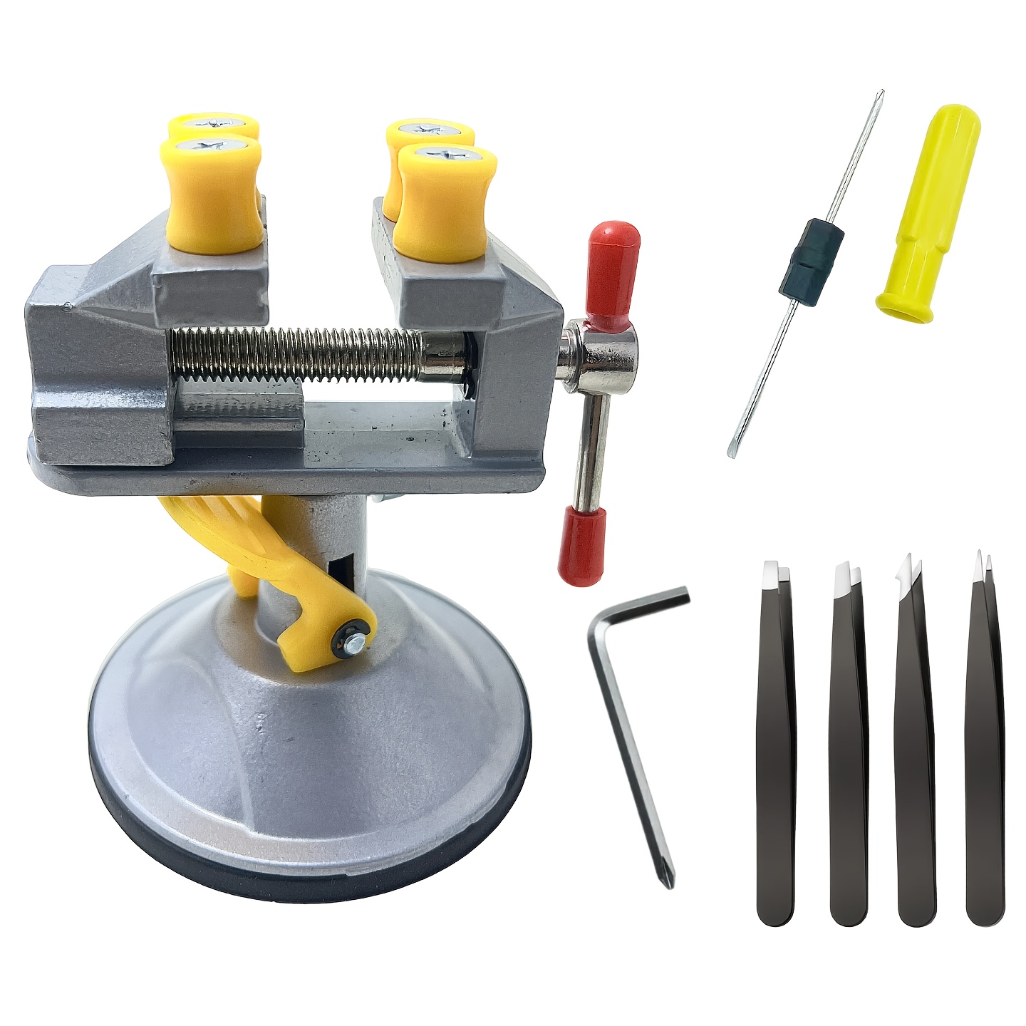 E-shop Kleiner Tischschraubstock mit Saugfuß, 360° drehbares Hobby-Schraubstock-Set mit Präzisions-Schraubendreher & 4 Pinzetten, Mini-Bankschraubstock