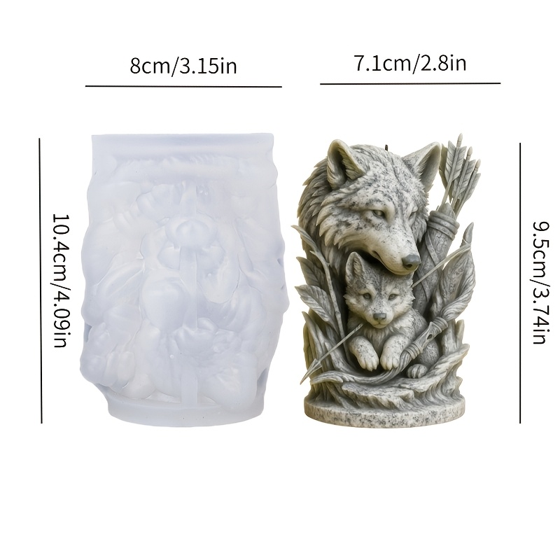 E-shop Wolf Eltern-Kind Kerzen Silikonform, Wachskunstform mit erwachsenem Wolf, der Welpen bewacht, Pfeilblatt-Details, realistische Textur einfaches