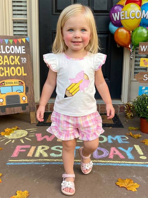kids girl back to school outfit pencil embroidery fly sleeve crew neck tops elastic waist shorts 2pcs clothes set outdoor