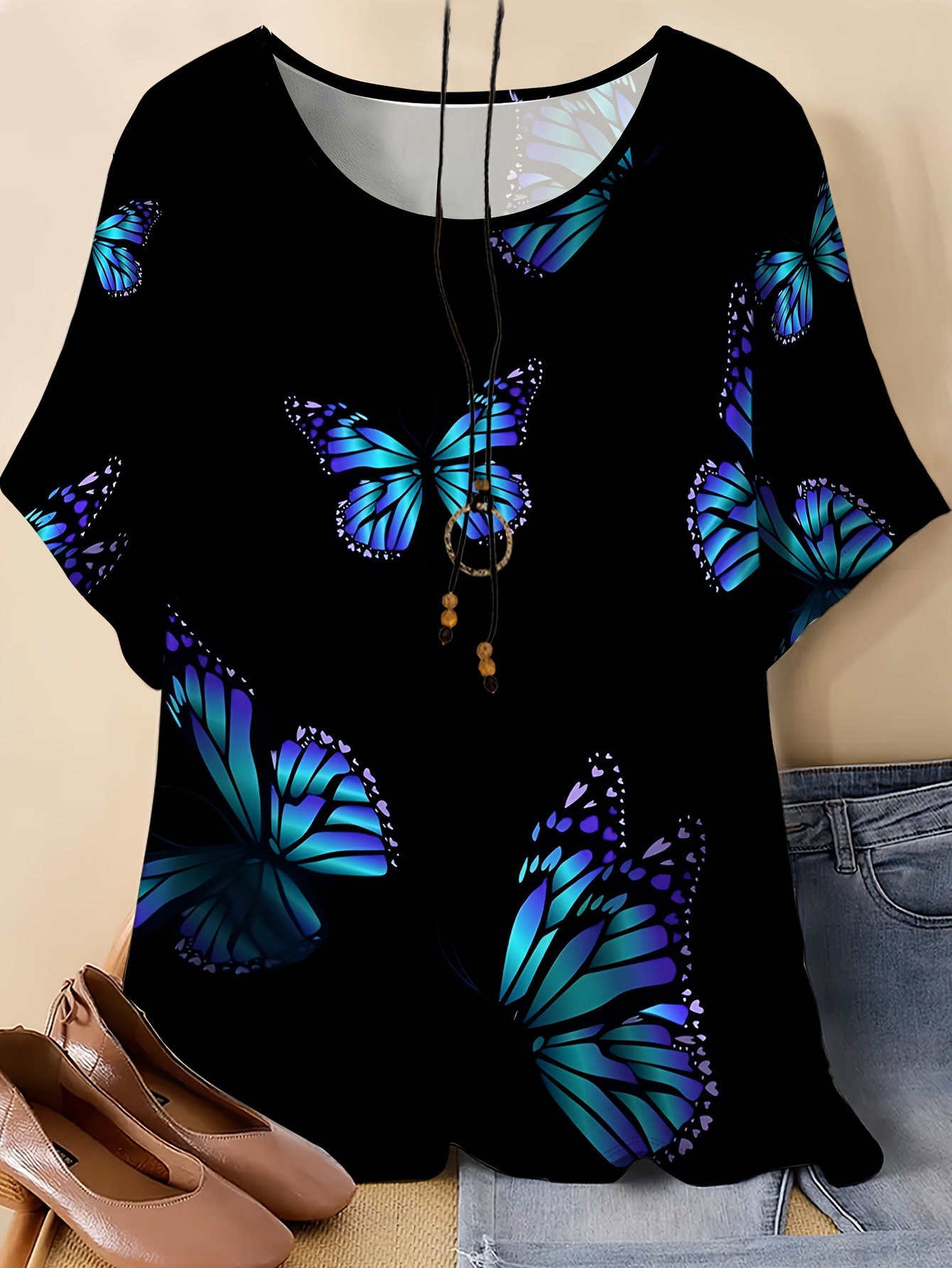 Camiseta extragrande de manga corta para mujer de talla grande - Blusa de cuello redondo con estampado de mariposas de cuerpo completo, adecuada para ropa casual y deportiva, top de verano de ajuste holgado lavable a máquina, túnica no negra para moda diaria (sin transparencia)
