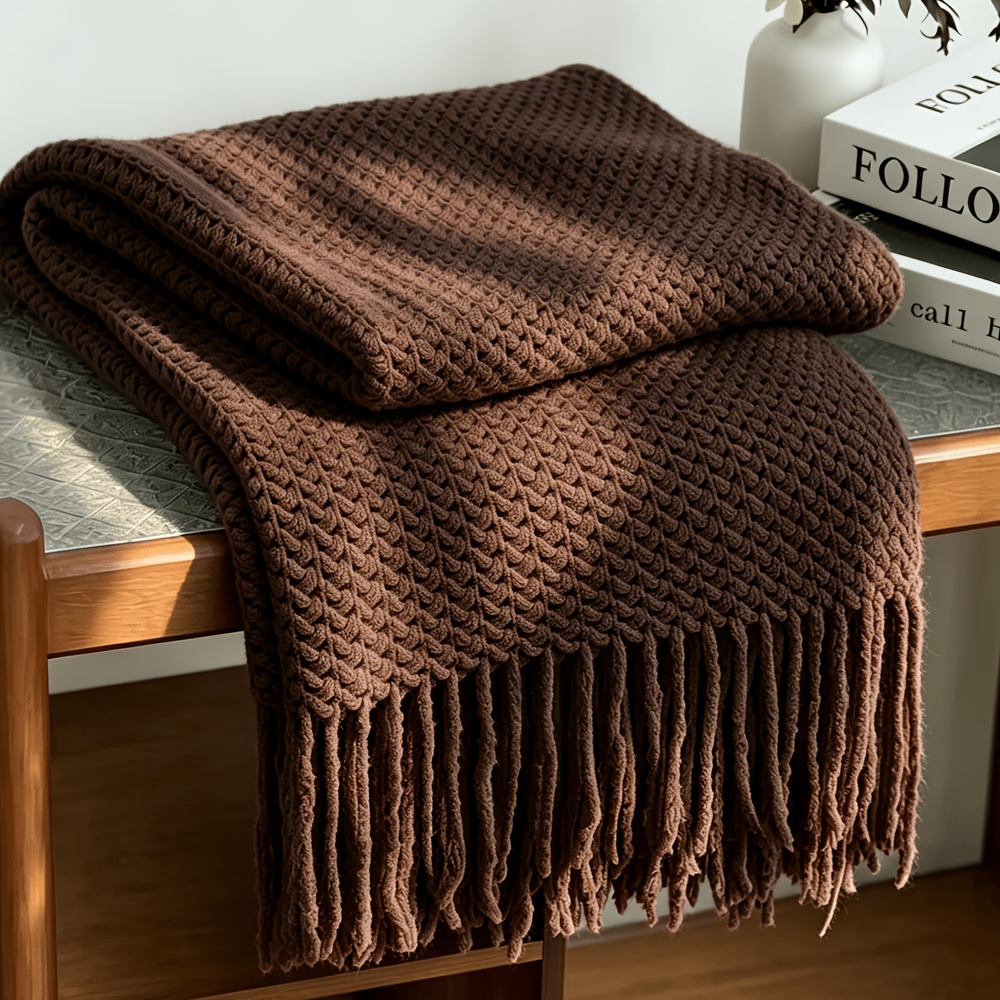 TEMU Soft Throw Blanket With Tassel, Solid Color Decorative Blanket For Couch Bed