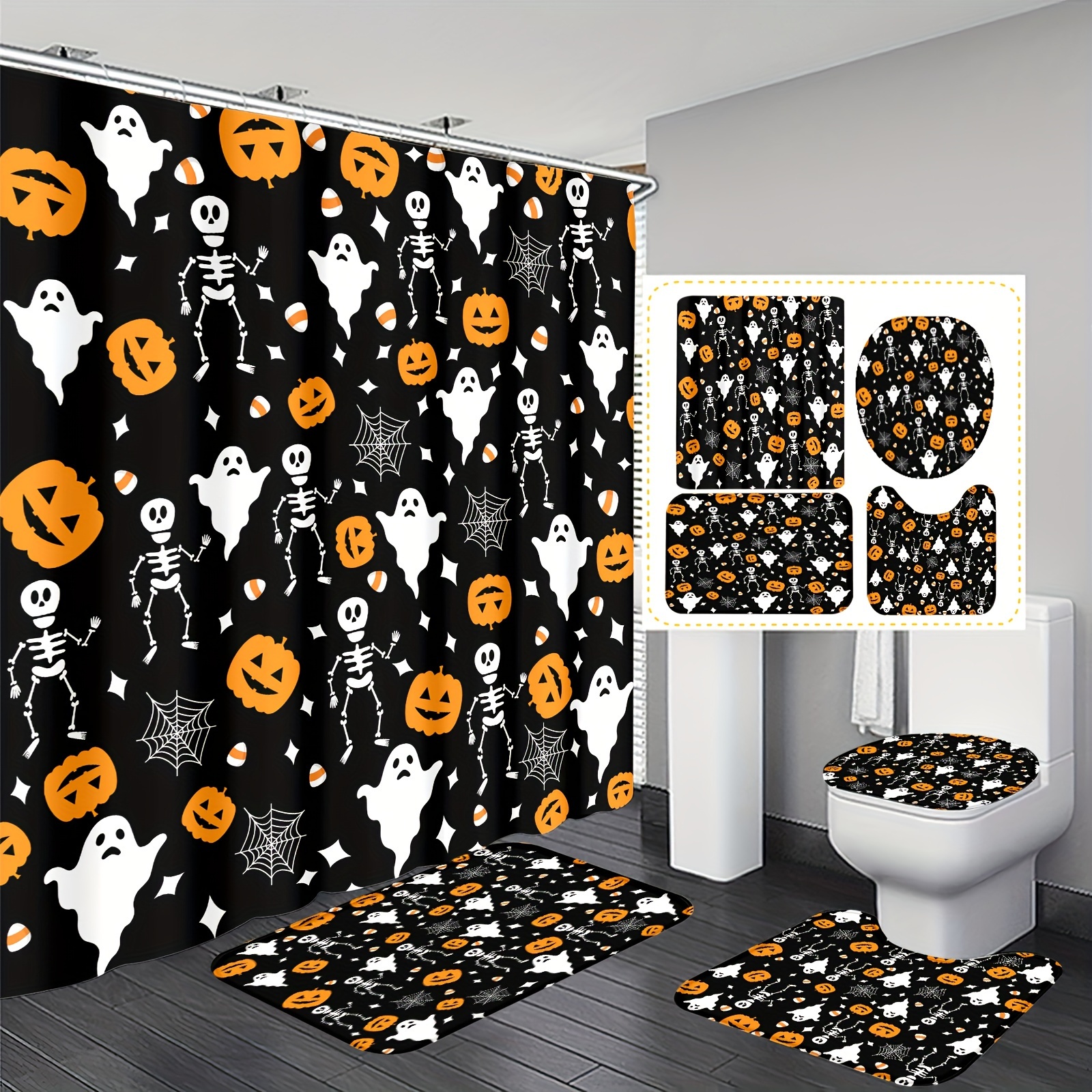 

1/4pcs Bathroom Shower Curtain Set, With 12 Hooks, Non-slip Mat, U-shaped Bath Mat, And Round Toilet Seat Cover, Polyester Fabric, Halloween Pumpkin Ghost Design