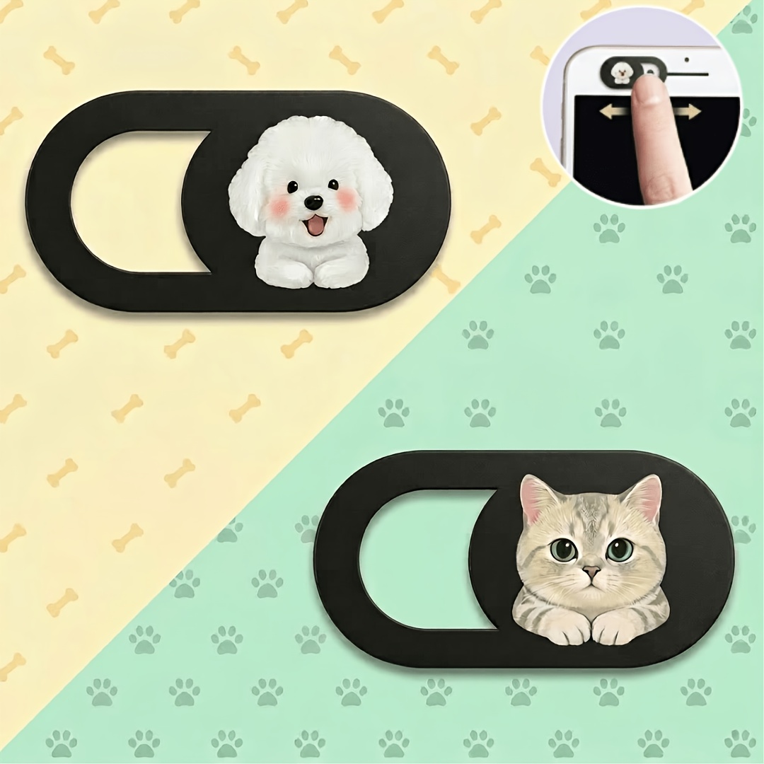 TEMU Confezione Copri Web Cam a Scorrimento con Gatto e Cane Carini, Coperture Ultra-Sottili per Telecamera Laptop, Blocchi di Privacy per Telecamera