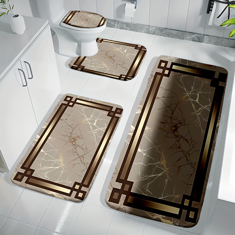 TEMU 4pcs Tapis de Salle de Bain Antidérapants, Motif Marbre Luxueux - Design Haut de Gamme, Sécurité et Confort, Améliore de Bain, Coussin en U pour