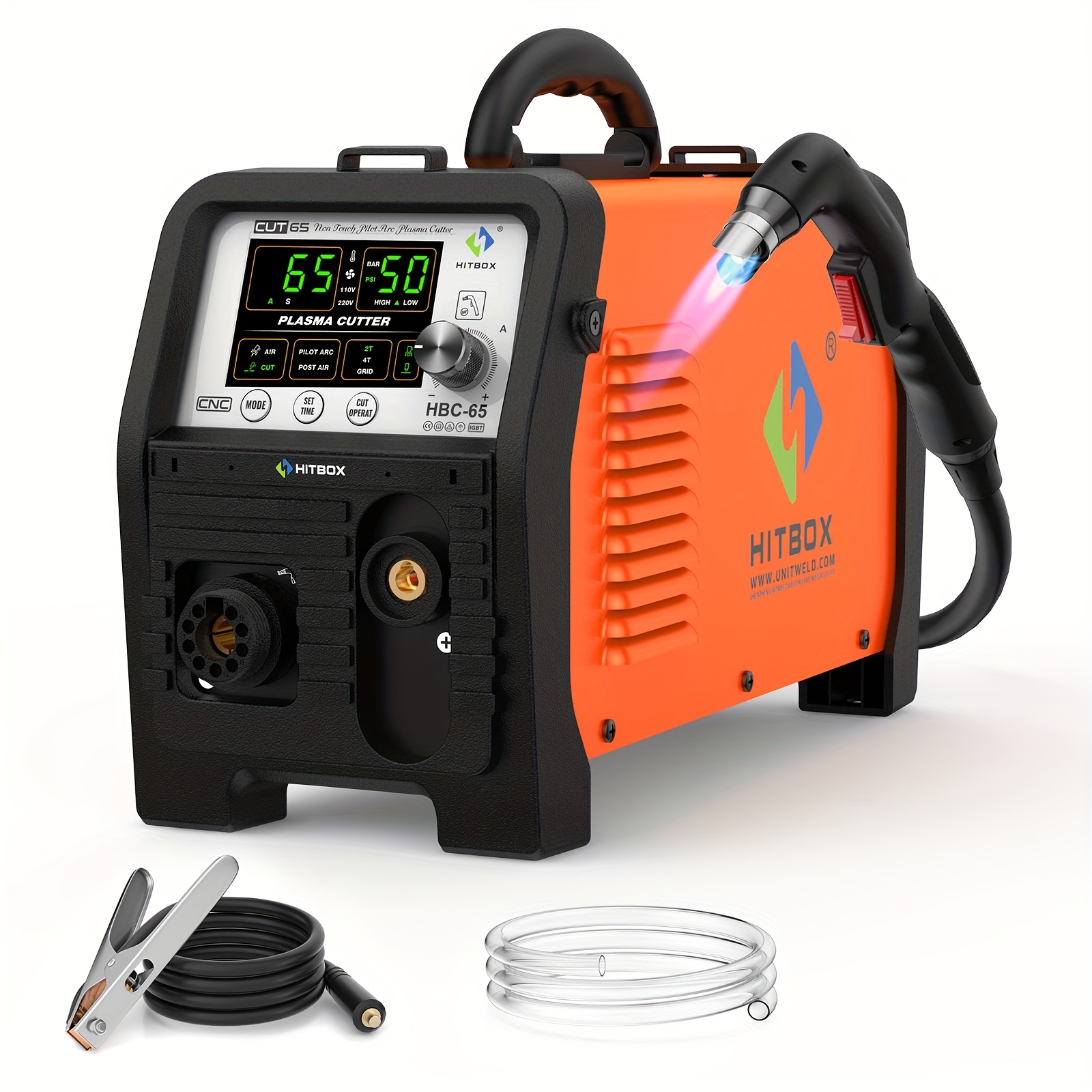 Hitbox Plasma Cutter, 2t/4t 50amp Contact Start/ 65amp Non-hf Pilot Arc, 220v, Digital Display, Igbt Inverter Grid Cutting Machine