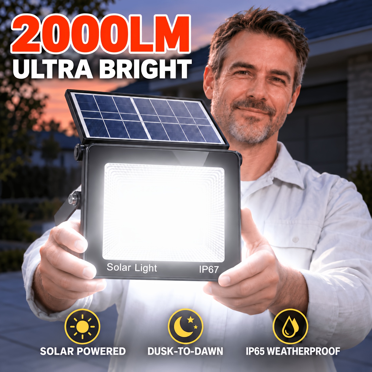 TEMU 2000lm Solar Flood Light Outdoor, Dusk To Dawn Solar Powered Security Light, 180° Adjustable Cool White Led Wall Lamp, Ip65 Weatherproof, No