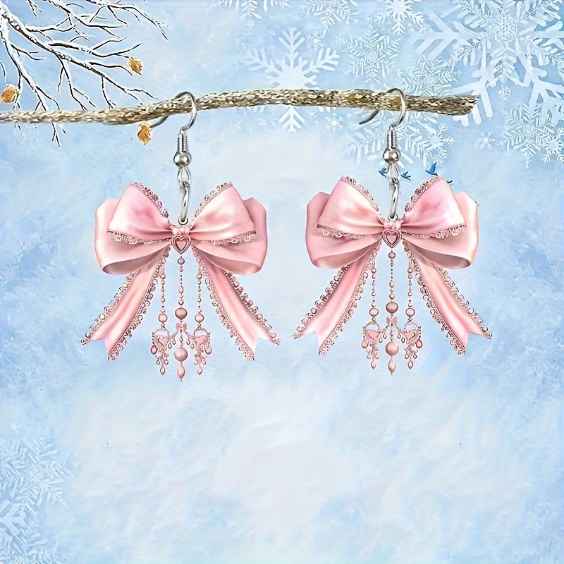 TEMU Festive Pink Heart Bow Acrylic Earrings - Perfect Gift For Christmas, Valentine's Day, Birthdays, Or Any Special Occasion