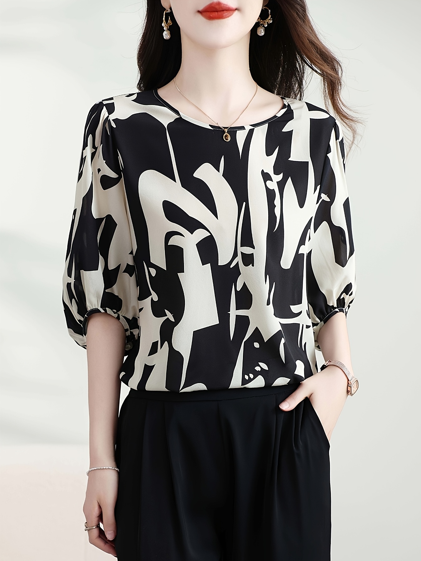 elegant   womens fashion printed blouse   sleeve round neck top