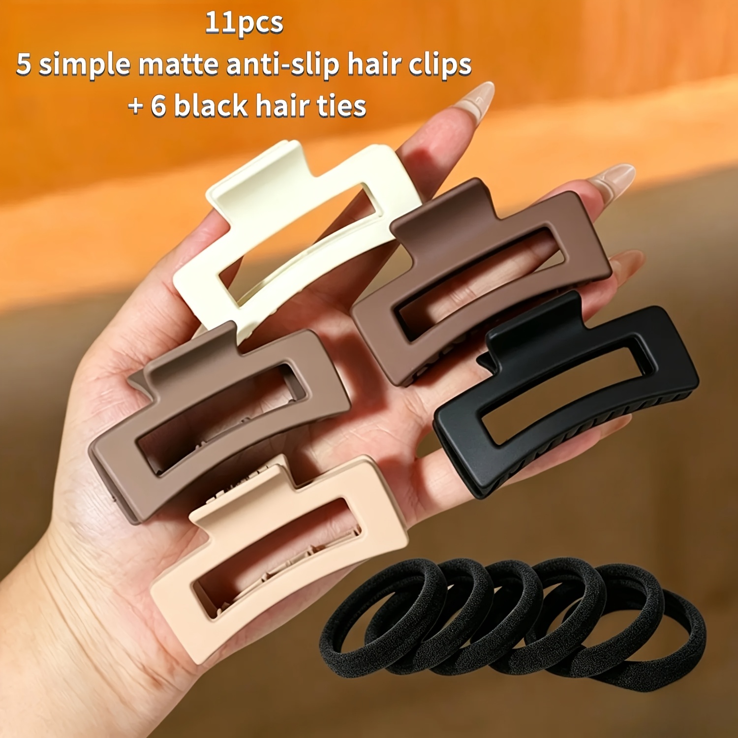 TEMU Juego de 11 piezas (5 pinzas para el pelo antideslizantes y mate + 6 ligas para el pelo negras), con pinzas para el pelo de diseño retro hueco,
