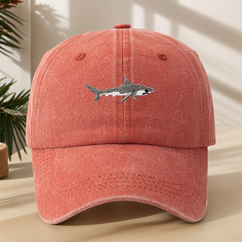 TEMU High-quality Shark Embroidery Baseball Washed Distressed Hat Adjustable Breathable Moisture-wicking Duckbill Cap