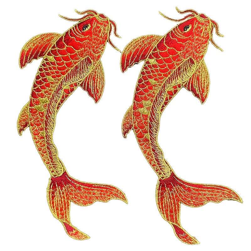 2 Animal Embroidered Ethnic Style Koi Fish Fabric Patches For Clothing Additions, Wallets, And Garment Hat Patches
