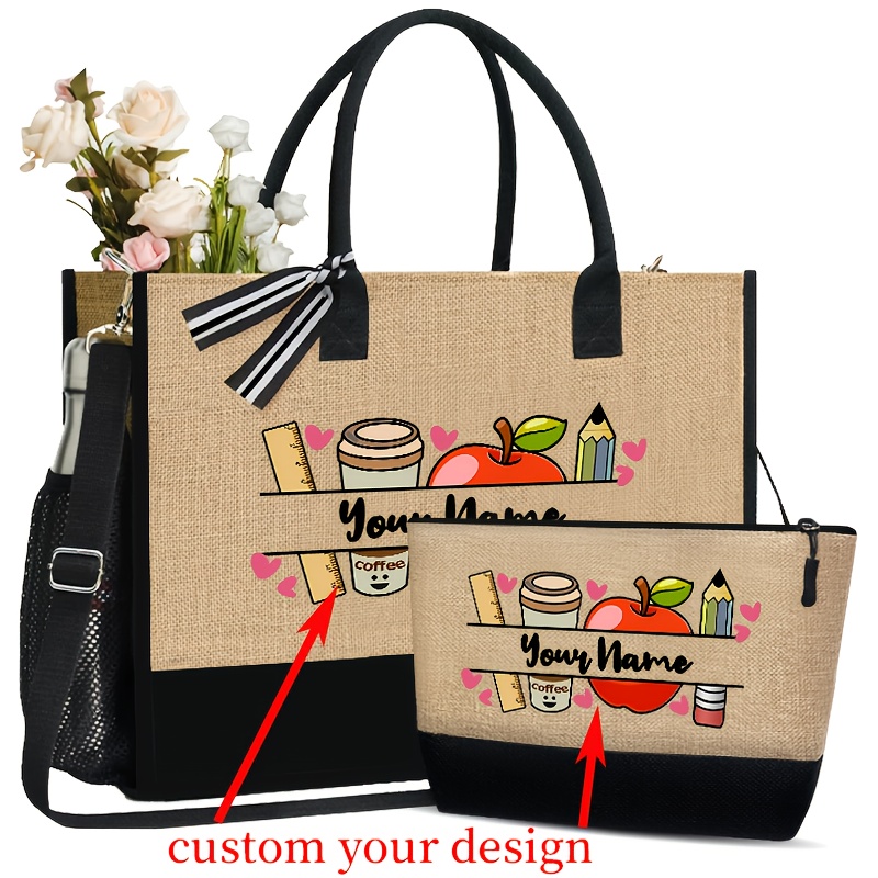 TEMU Custom Women's Tote Bag With Teacher Elements, Personalized Your Name Print, Fashionable Design, Elegant 2pcs Set With Makeup Bag - Women's