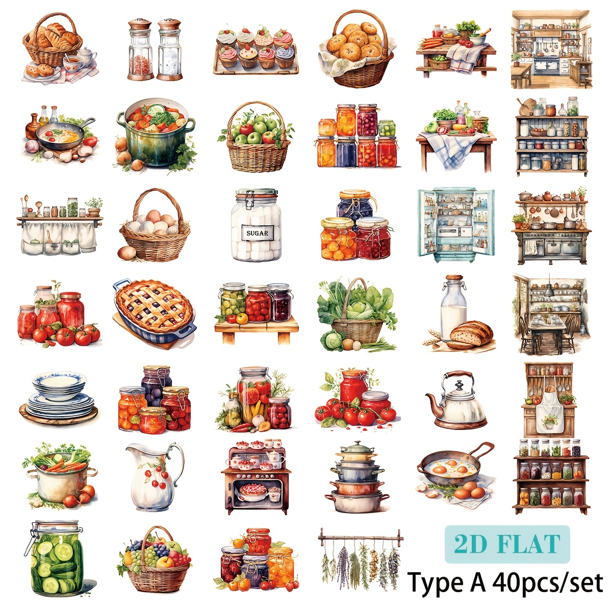 Image of 40pcs/set Handmade Creative Retro Vegetable And Fruit Cooking Tool Storage Series 2d Stickers Suitable For Trash Diaries, Notebooks, Scrapbooks, Planner Decorations, Scrapbooking Stickers