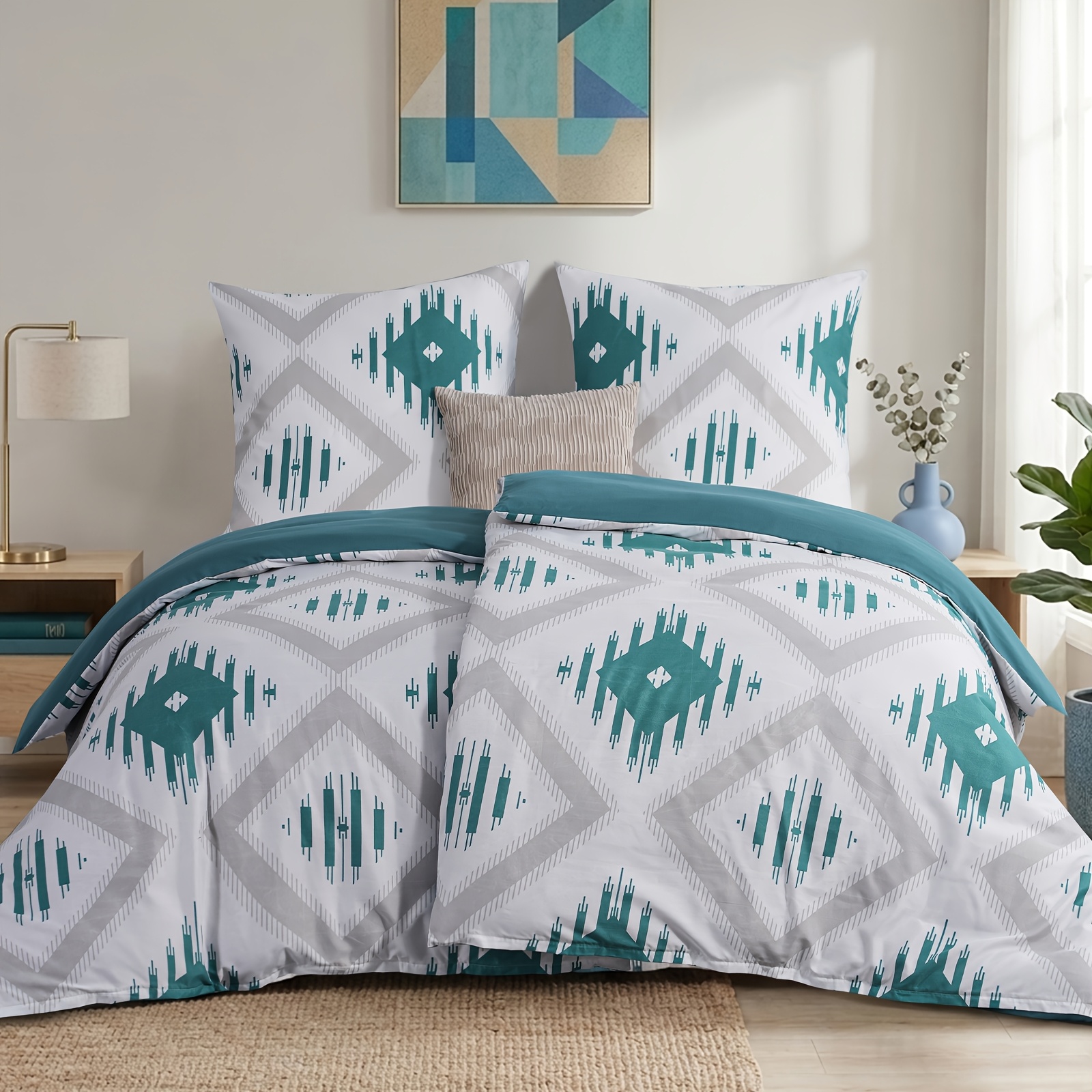 Image of Bed 135x200 Cm 4pcs, Soft, Comfortable & Breathable, 2x Duvet Cover (135x200 Cm) + 2x Pillowcase (80x80 Cm), Geometric 3d Pattern, With Zipper.