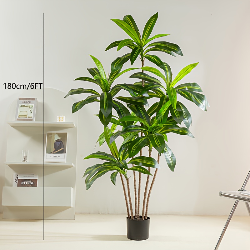TEMU 1pc Artificial Dracaena Tree Vertical Height 180cm/6ft - Faux Tree With White Tall Planter - Fake Tropical Floor Plant In Pot - Artificial Faux