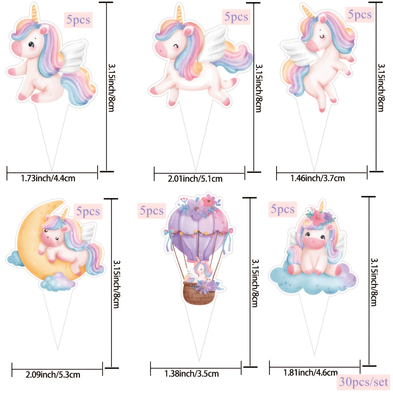 Image of Set Of 30 Cupcake Toppers Featuring Cartoon Unicorns, Perfect For Decorating Birthday Parties And Wedding Celebrations