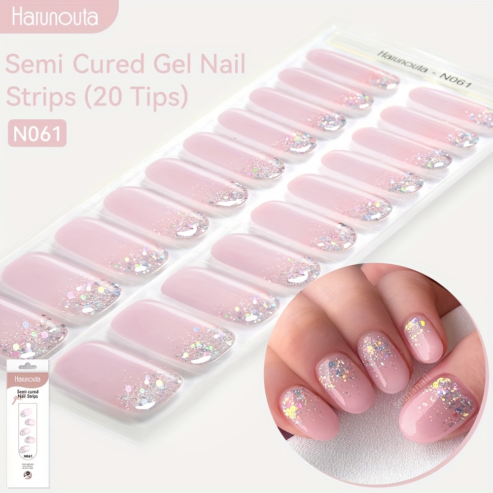 Image of Harunouta 20 Strips Of Semi-cured Gel Nail Stickers In Pink Glitter, Perfect For Nail Art And .