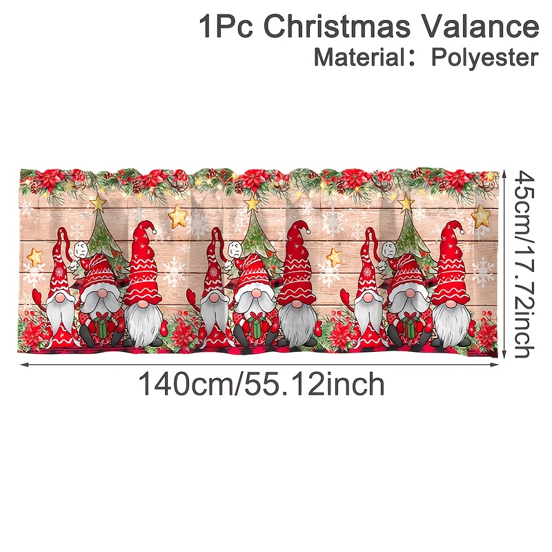 Image of 1pc Of Christmas Valance Curtain, Measuring 55x18 Inches, Featuring Gnome And Poinsettia Designs. Short Curtains With A Rod Pocket Are Perfect For A Festive Touch To Your Kitchen, Bedroom, Bathroom