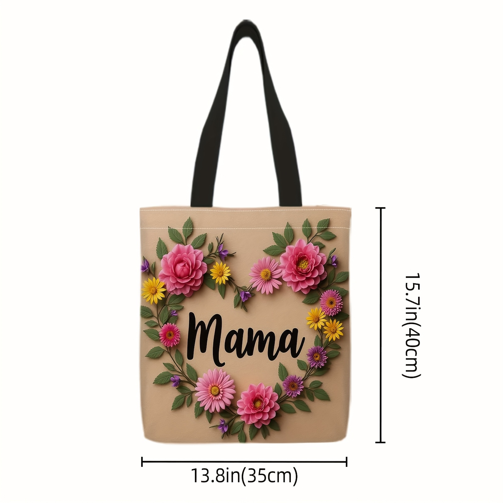 TEMU Printed Canvas Bag - Floral Heart, Mama Text, Watercolor Style-durable Large Capacity Backpack, Suitable For Work, Party Companion, Beach