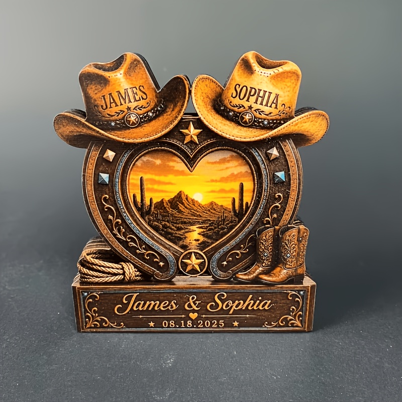 TEMU Personalized Western Cowboy Couple Wooden Ornament Custom Names Date Horseshoe Heart Table Decor Gift