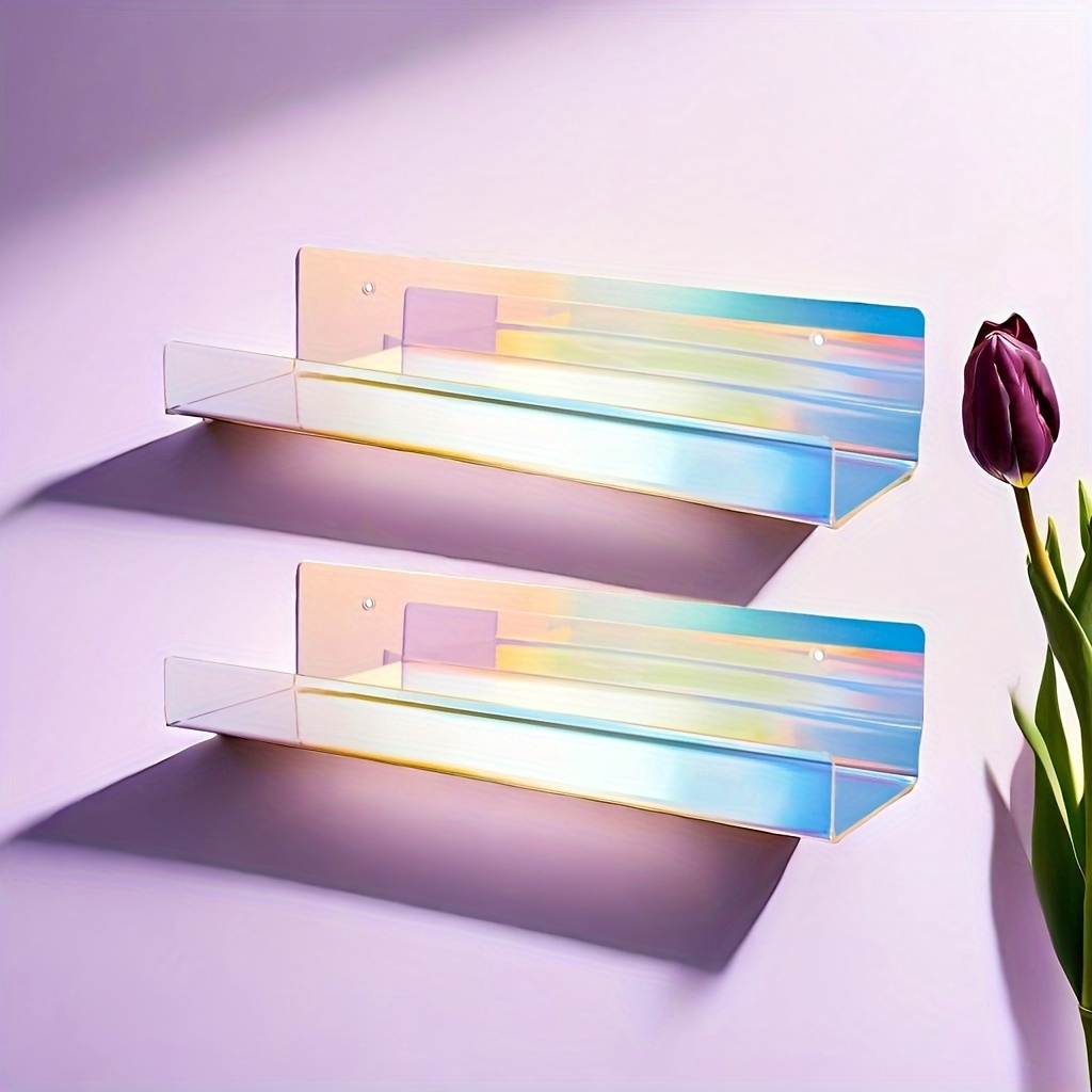 2pcs Rainbow Acrylic Floating Shelves With Edge - Wall Mounted, Screw Installation, Phone Holder For Home Decor, Bathroom, Kitchen & Office, Edge, Floating, Utility Racks