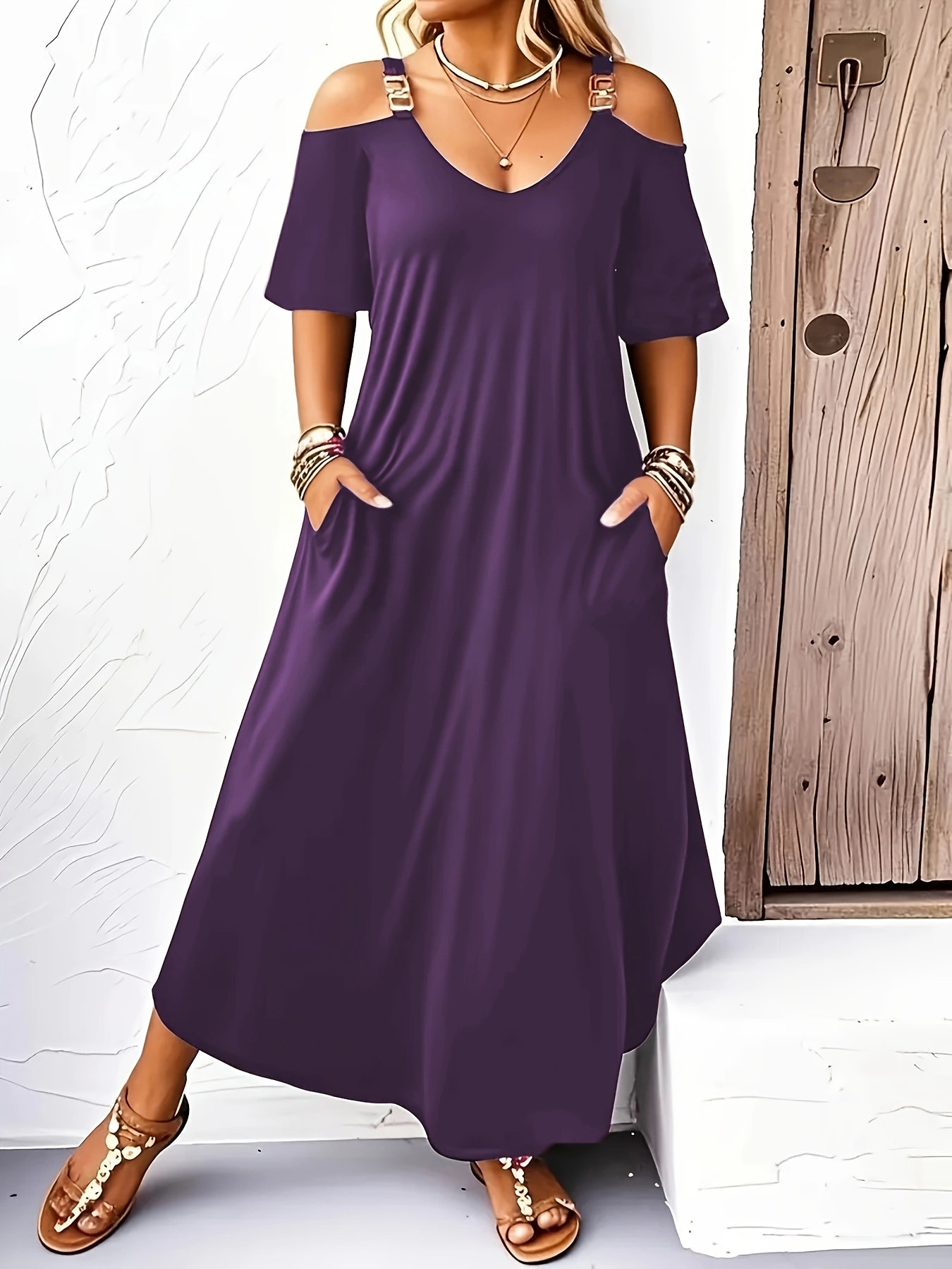 plus size elegant off shoulder long dress with pockets solid color short sleeve flowing design polyester blend   casual or formal occasions cute dresses purple 0