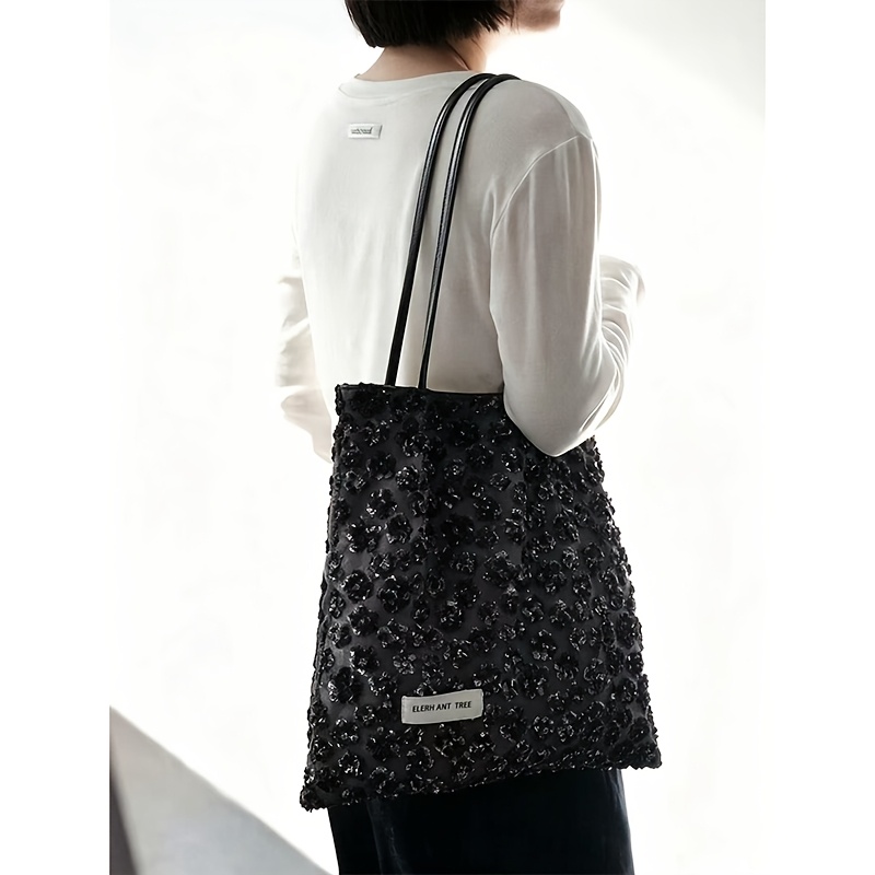 TEMU Edition Korean-style Trendy Sparkly Sequin Silvery Glitter Niche Design Instagram-style Large Capacity Velvet Tote Bag For Commuting, , Daily
