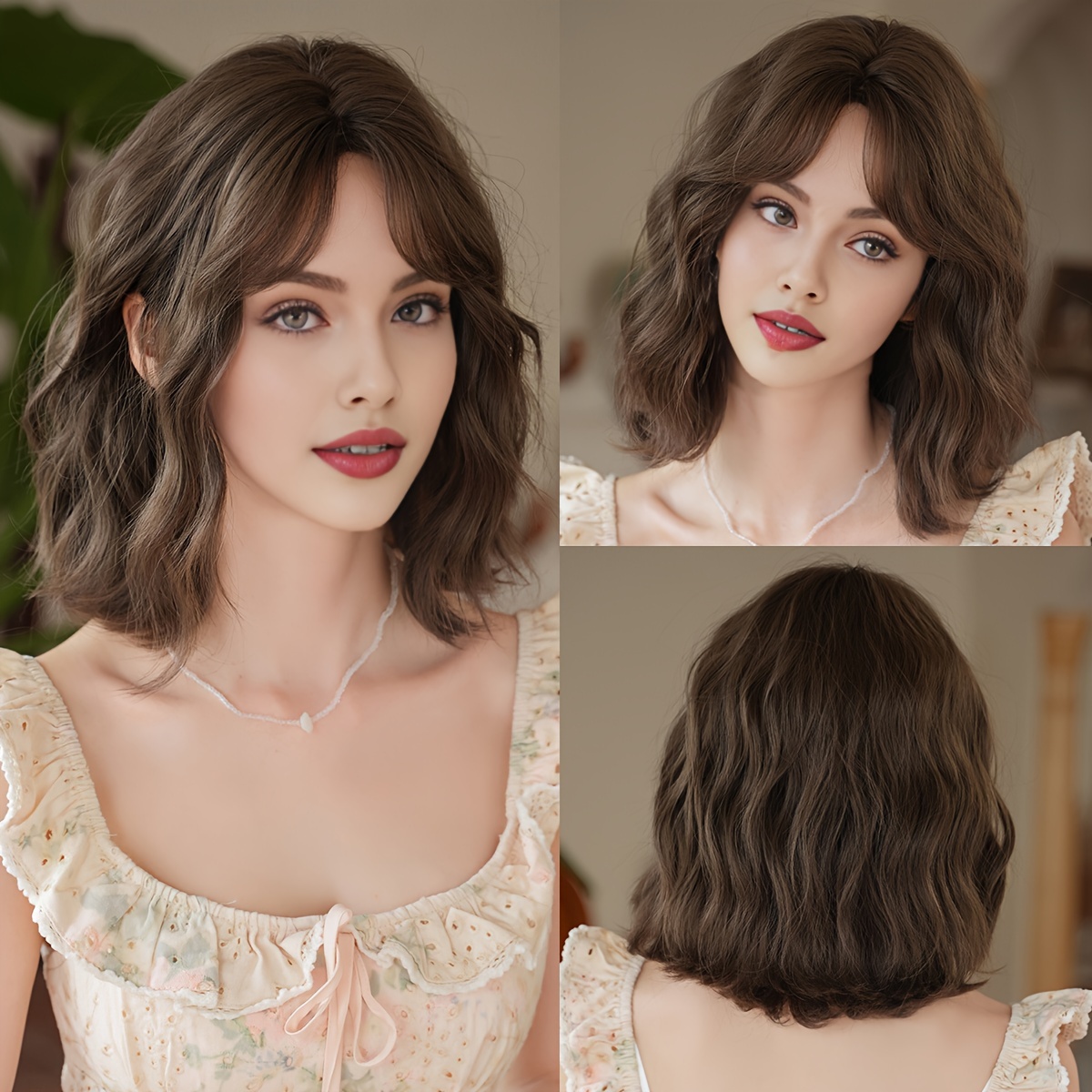 Bob Wig Short Water Wave Cold Brown Wigs For Women Daily Party Use High Density Women Bob Wig With Bangs Heat Resistant Synthetic Wig 13.77 Inches