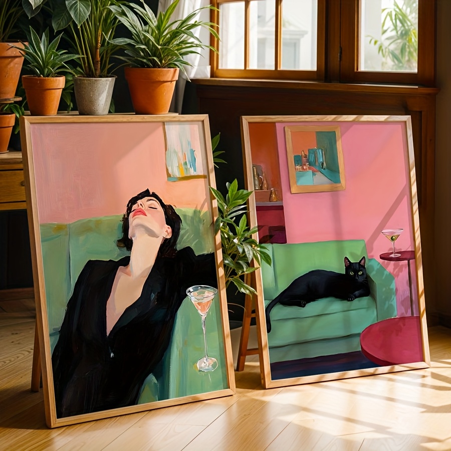 2 stück, ungerahmte kunstprint frau auf sofa, schwarze katzen wandkunst, trendiger barwagen poster, retro cocktail art, farbenfrohe küchendekoration, apartment ästhetik wanddeko, leinwandbilder für wohnzimmer, schlafzimmer, café, flur, zuhause und raumdekoration