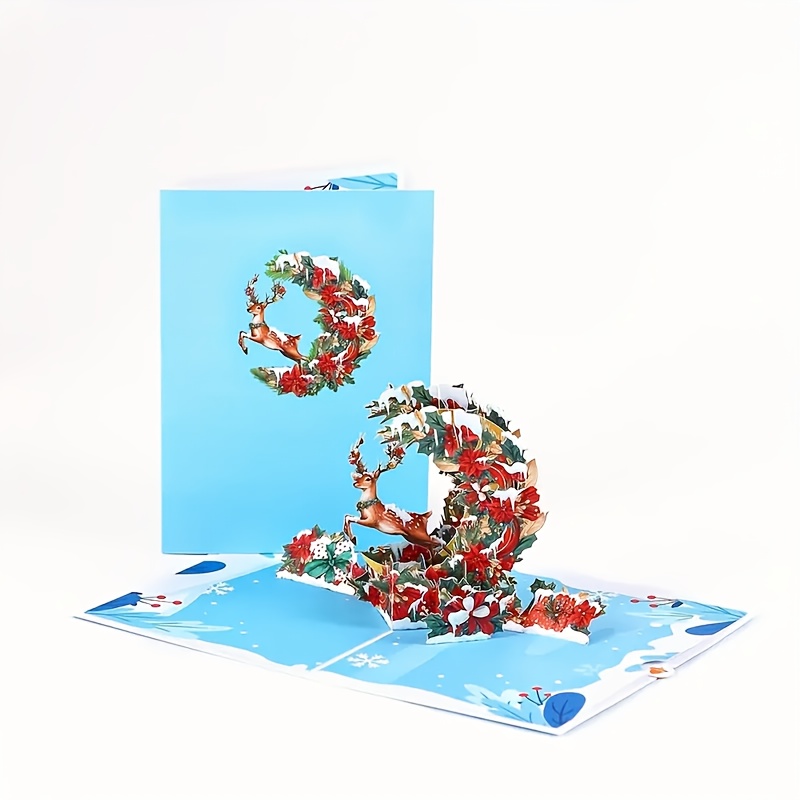 TEMU 1pc A Handcrafted Merry Christmas Pop-up Card Featuring A Woodland Reindeer And Poinsettia, Complete With A Note Card And Envelope. Ideal For