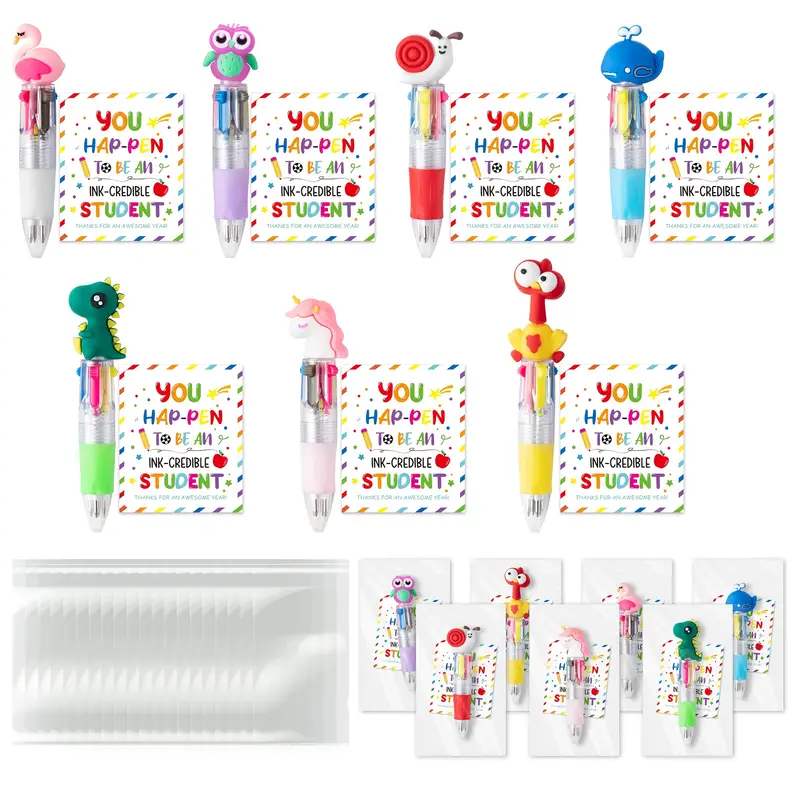 42pcs 14 sets of year end student gifts including cute cartoon 4 in 1 colorful retractable ballpoint pens with greeting cards suitable for school party gifts and gifts Product details 1