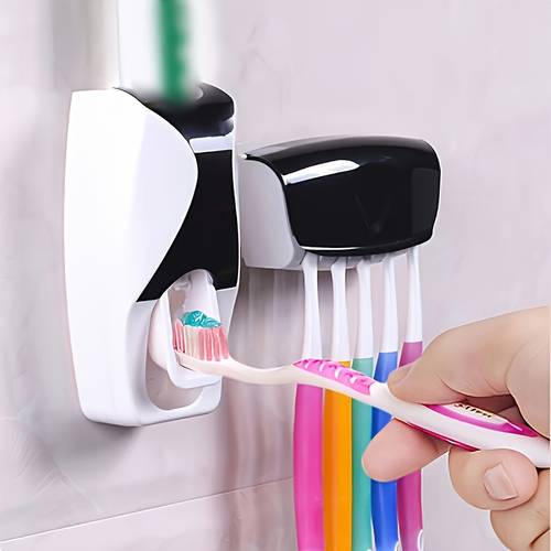 2pcs set punch mounted toothbrush holder set automatic toothpaste dispenser toothpaste storage box toothbrush storage box toiletries storage supplies automatic toothpaste dispenser and toothbrush storage rack set shelves