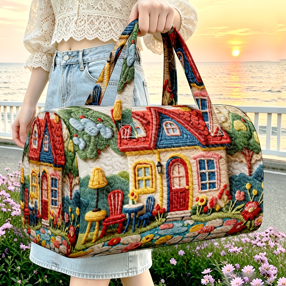 TEMU 1pc Women' Quilted Tote Handbag Suitable For Ocean Themes & Nautical Decor, Fish & '5000' Symbol, Cream Beige Zipper Closure Bag, Machine