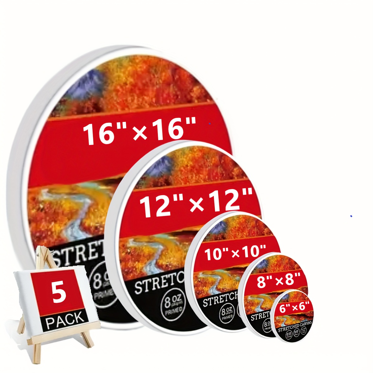 TEMU Multi-pack Stretched Canvas! 16x16, 12x12, 10x10, 8x8, 6x6 5pcs Round Set, 100% Cotton Material, White Surface. Suitable For Painting, Oil