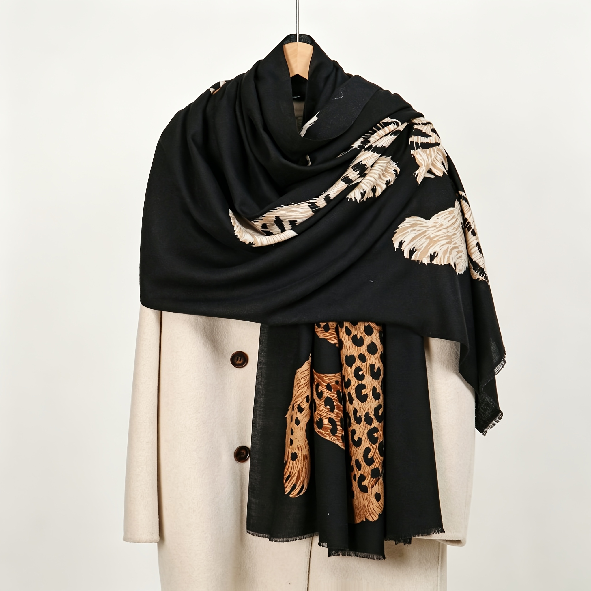 TEMU 1 sciarpa da donna con stampa leopardata, scialle , multicolore opzionale, sciarpa con bordo sfrangiato, sciarpa con stampa leopardata, scialle