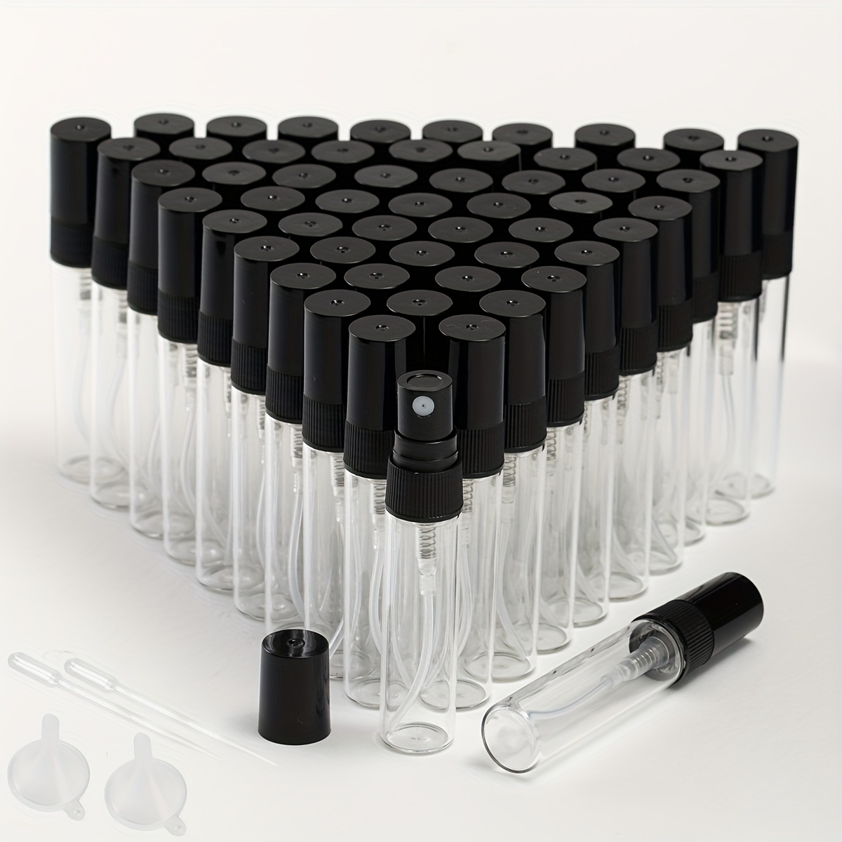 E-shop 56er-Pack Tragbare Kleine Sprühflaschen, Kunststoff-Sprühflaschen mit schwarzen Düsen, 2-ml-Sprühflaschen, 3-ml-Parfümflaschen,
