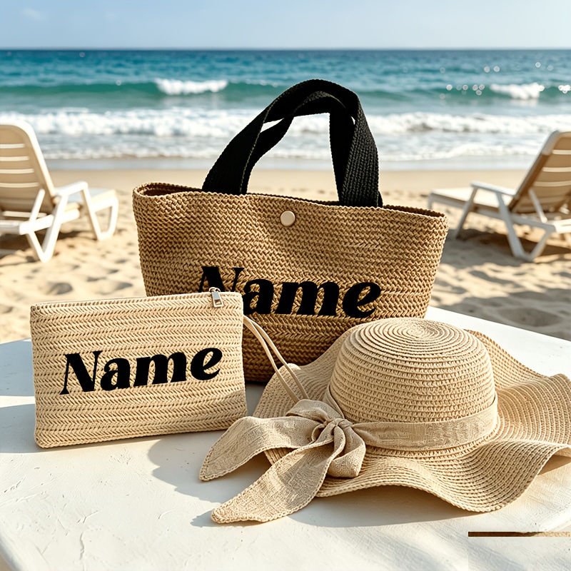TEMU [women' Set] 3pcs Personalized Handbags Clutch, Hat Custom Text/ Name, Personalized Spacious And Fashionable Handbags, Suitable For , Camping,