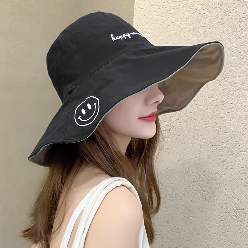 TEMU 広いつばのサンハット - 韓国＆日本風夏用トラベルハット、顔全面カバー、通気性テキスタイル素材、マルチカラー、洗濯機対応、アウトドア活動用日焼け防止帽子、ビーチバケーションアクセサリー、遊び心あふれるデザイン、耐久性抜群、向けカジュアルウェア