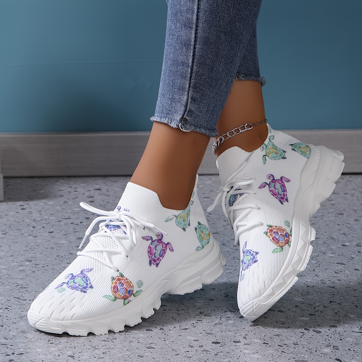 

Women's Casual Breathable Sneakers With Turtle Element Print - Low Top Lace-up Fabric Shoes With Eva Sole, Footwear From - North America & European Special