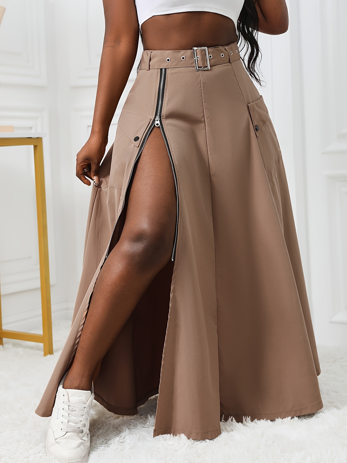 women' style high waist a line skirt belt front - Temu Canada