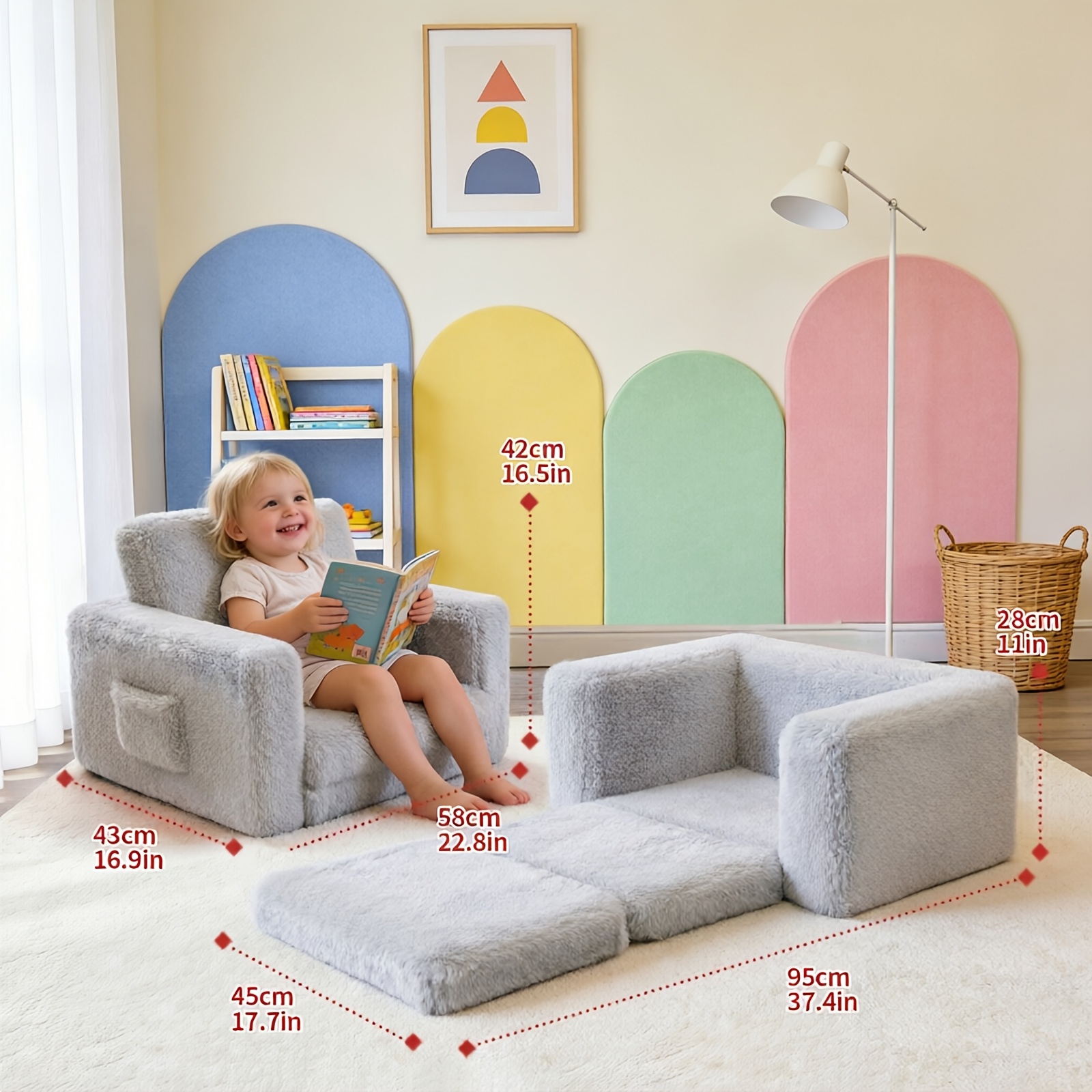 Kids Sofa 2-in-1 Convertible to Recliner Chair - Soft Plush Gray/Pink/White Youngsters Lounge Chair with Storage Pocket, Cozy Folding Playroom Furniture for Boys And Girls, Youngsters Playroom Furniture Pocketed Armrests | Velvet Upholstery, Chair