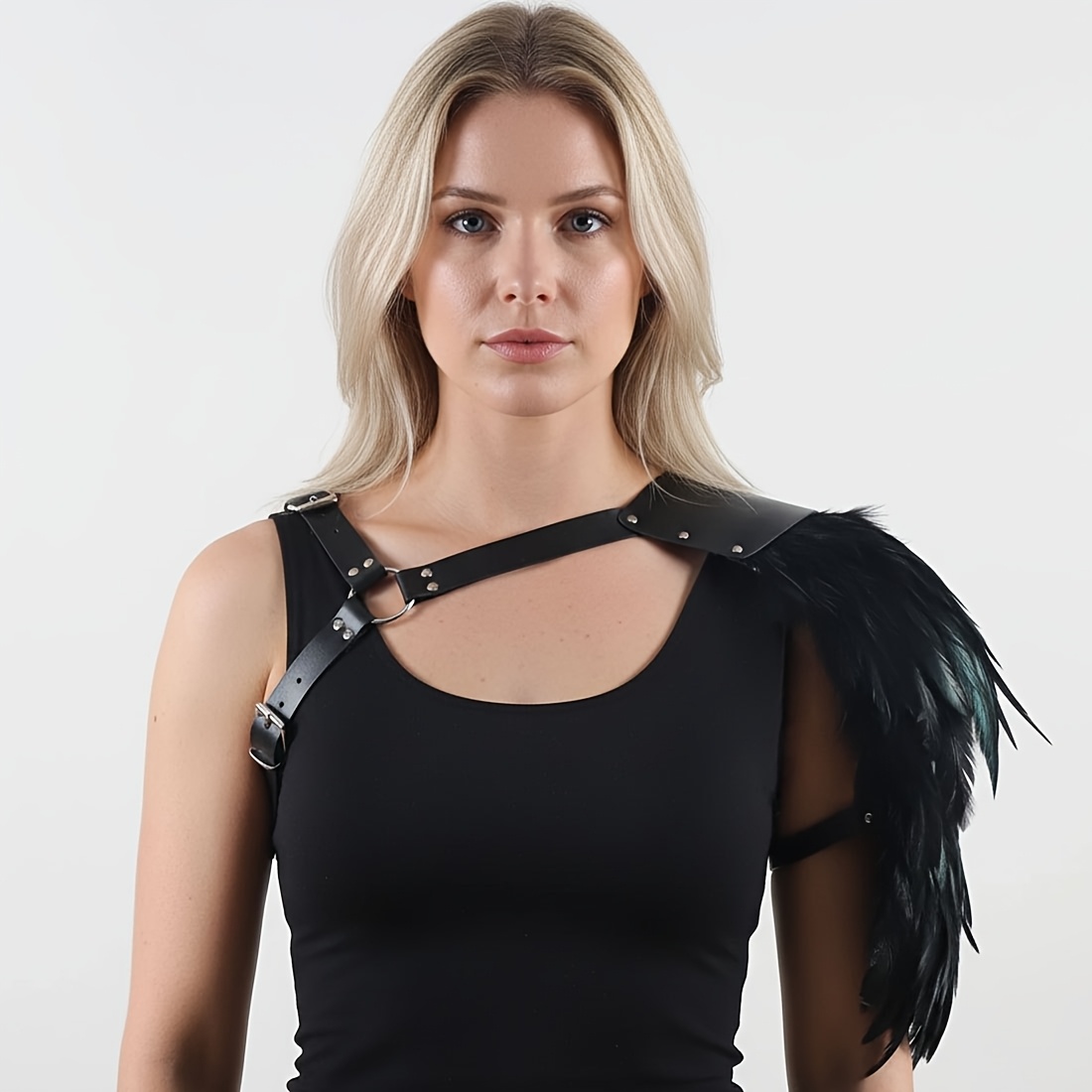 Gothic Feather Harness Costume For Men Adjustable Faux Pu Leather Shoulder Armor Medieval Guards For Halloween Cosplay