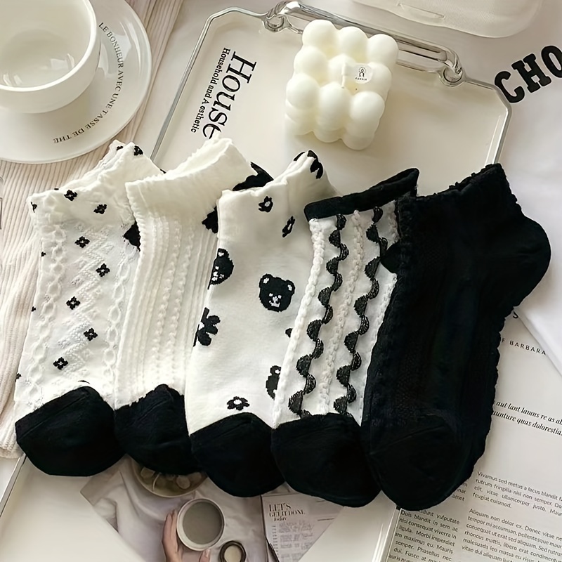 

5 Pairs Women's Knit Ankle Socks, Polyester 95% Spandex 5% , Breathable Sweat-absorbent, Animal Pattern, Comfortable Casual Sports Short Socks