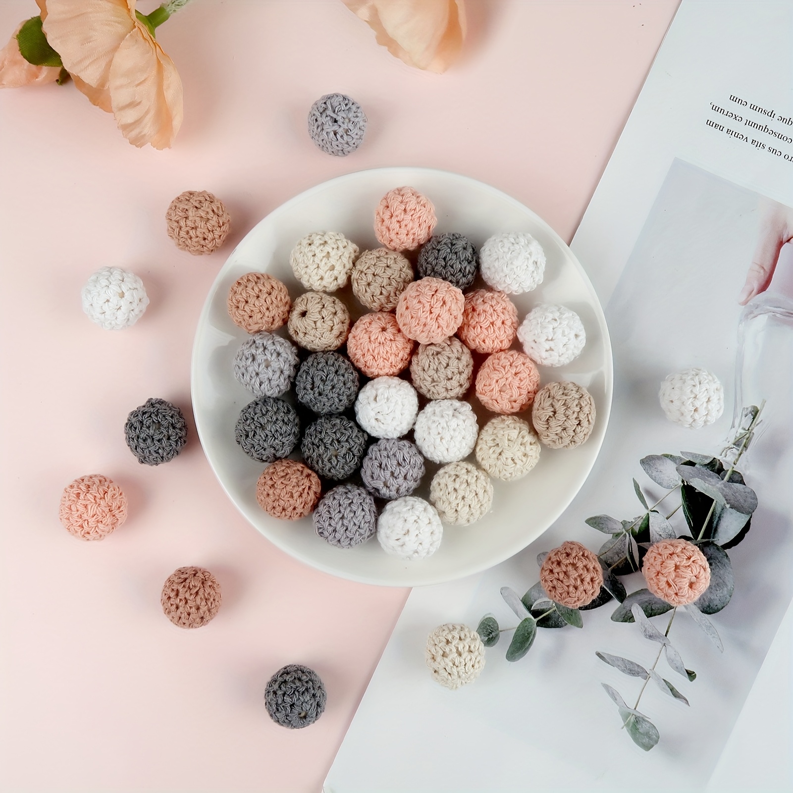 Image of 14pcs Wooden , Multicolour Crochet Covered Beads 16mm, Round Wood Knitting Ball With Hole For Diy Crafts Bracelet Necklace Jewelry Making, Christmas Dress Up, Home Decor And Holiday Gifts