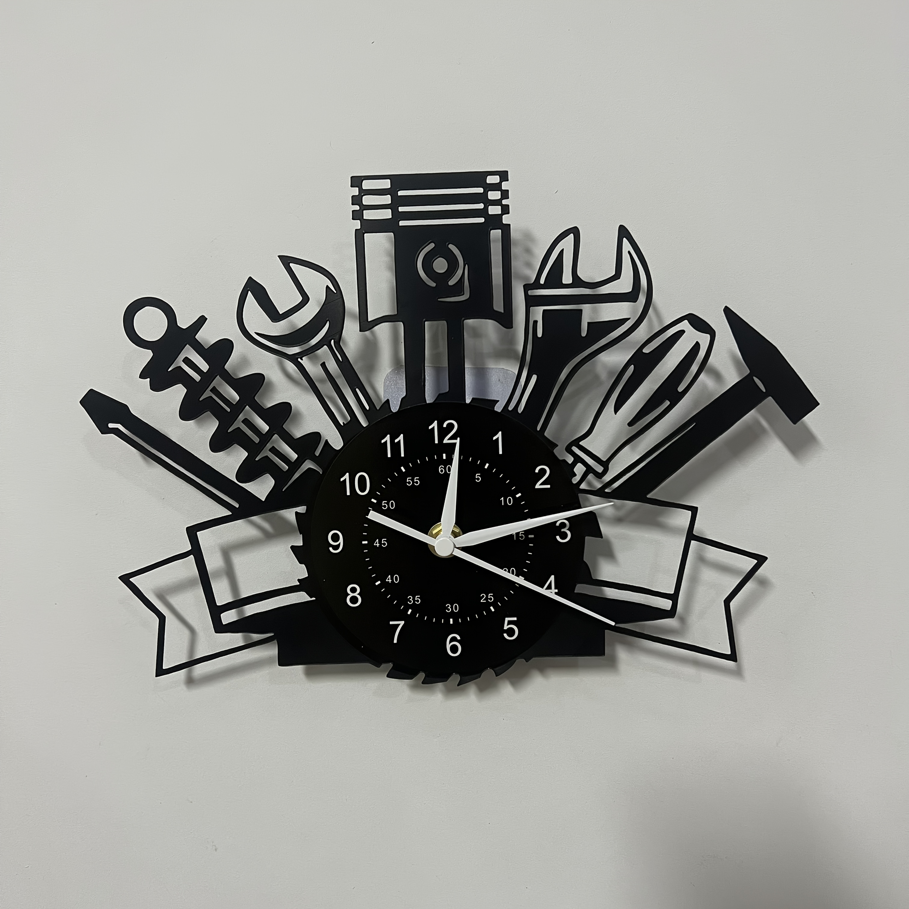 Image of 1pc Record Wall Clock - Silent Non-ticking Tool-themed Art Decor With Wrench & Hammer Design, Rustic Home Decor, Unique Gift For Birthdays (aa Battery Not Included), Wall Clock Living Room