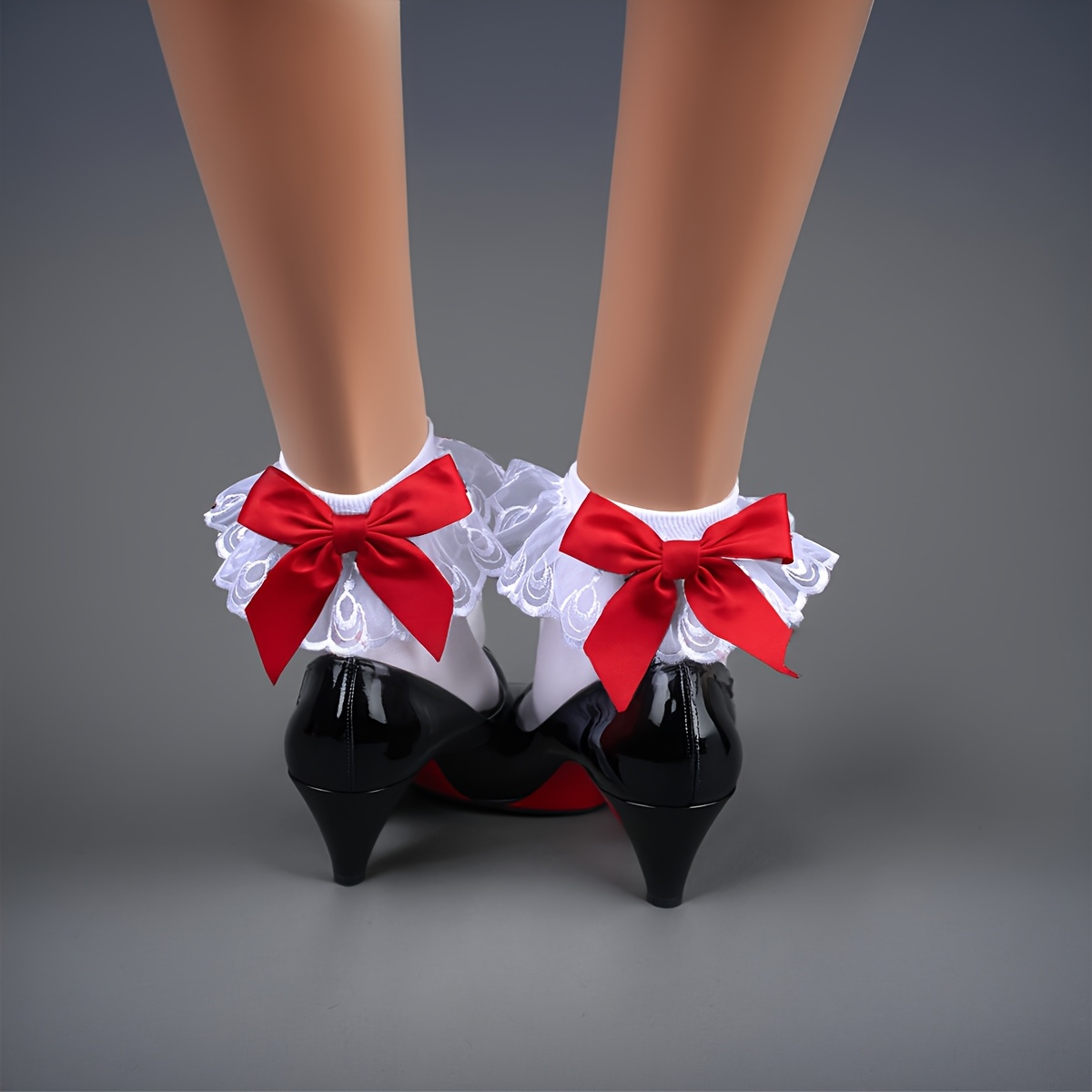 E-shop 1 Paar Elegante Damen-Spitzensocken mit Roter Schmetterlingsbogen - Weiße, Niedrig Geschnittene Stretch-Elastische Faser Socken für Lässige