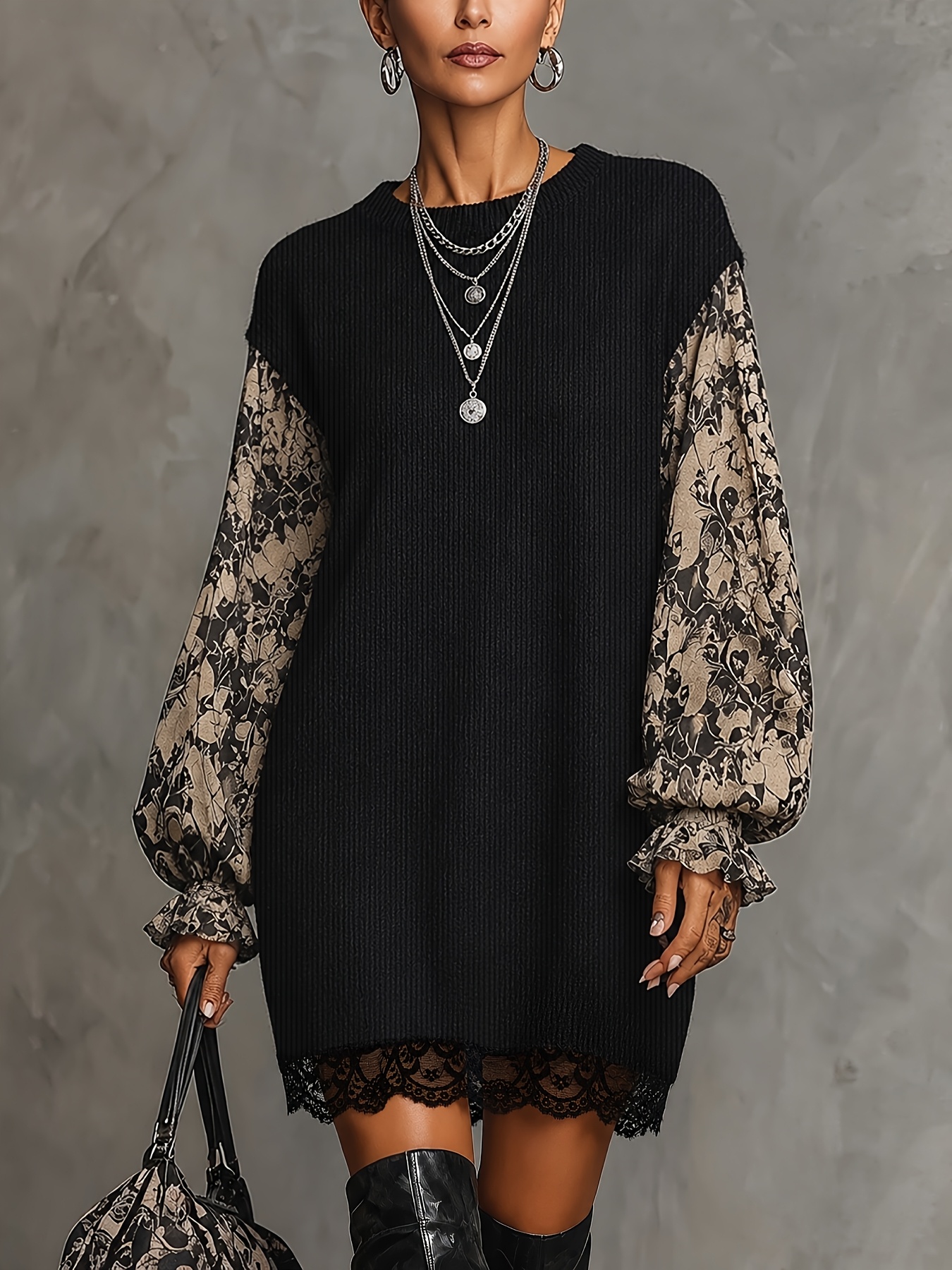 western winter party wear dresses for ladies Women'S Autumn Retro Dark Style * Floral Lantern Sleeve Dress, Irregular Hem with Lace Design, Retro Rock Music Festival, Bar Party, Autumn Winter * Dress 60s dresses