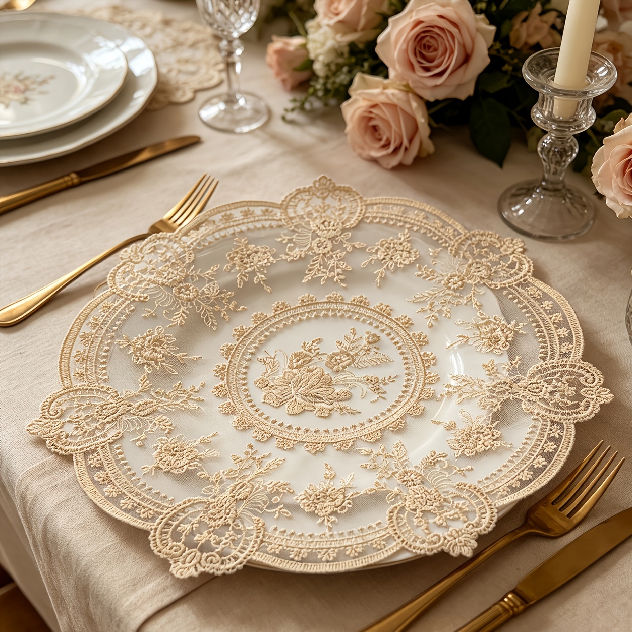 TEMU 10pcs French Romantic Lace Embroidery Mesh Placemats Pastoral Style Home Decor Hollow Table Cover Nordic Style Table Mat Home Decoration Table