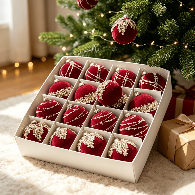 TEMU 16 pezzi di decorazioni natalizie a sfera flocchiate, 2.36 pollici infrangibili, decorazioni per albero di Natale, motivi scintillanti in strass